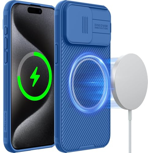 Nillkin CamShield Magnetic for iPhone 15 Pro Case for MagSafe Blue | Built with Slide Camera Cover for Lens & Privacy Protection, Military Grade Shockproof Case for iPhone 15 Pro Blue