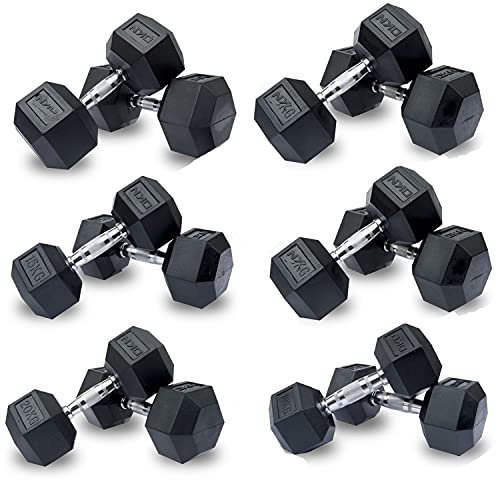 Dumbbells Weights Hex Dumbbell Set Hexagonal Rubber Dumbell with Metal Handles Anti-Rolling Weightlifting Bodybuilding Exercise Fitness Workout Training Home Gym 5-20kg Pairs (10kg x 2 Dumbbells)