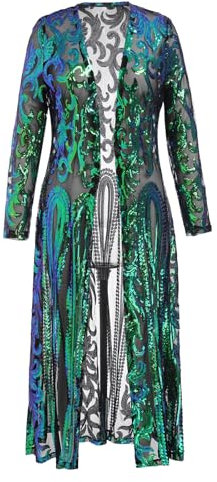 Women Sparkling Sequin Cardigan Duster Long Jacket 1920s Flapper Cover Up See Through Mesh Open Front Long Sleeve Dressy Coats for Evening Party Wedding Pageant Ball Prom Wedding Club Green 3XL