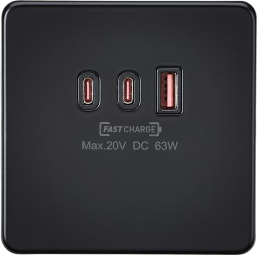Knightsbridge 230V Triple USB Charger Plate 2xUSB-C 1xUSB-A [20V DC Max. 63W] - Matt Black