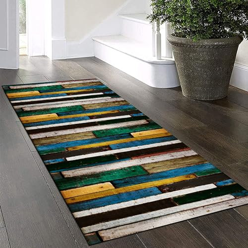 Yinghesheng Teppich Läufer Flur Küche rutschfest Waschbar 110x460cm Bunter Holzmaserung Patchwork Kücheteppich Küchenläufer Meterware Korridor Tepiche Schlafzimmer Schmutzfangmatte Breit 40-140Cm