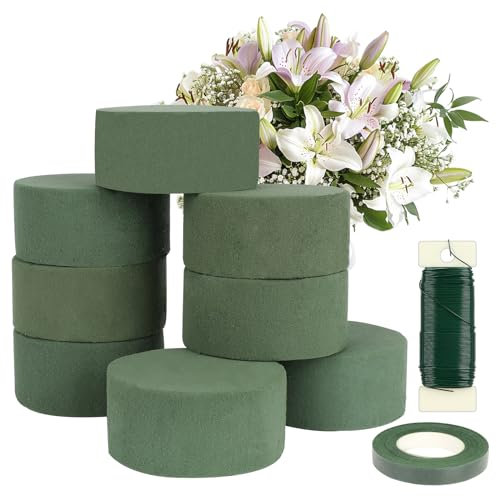 GOTRUST 8pcs Round Floral Foam Block, Cylinder Floral Foam Bricks, Wet Dry Florist Foam Sponge, Artificial Flower Foam Brick with Tape and Wire for DIY Craft Wedding Aisle Flowers Arrangements