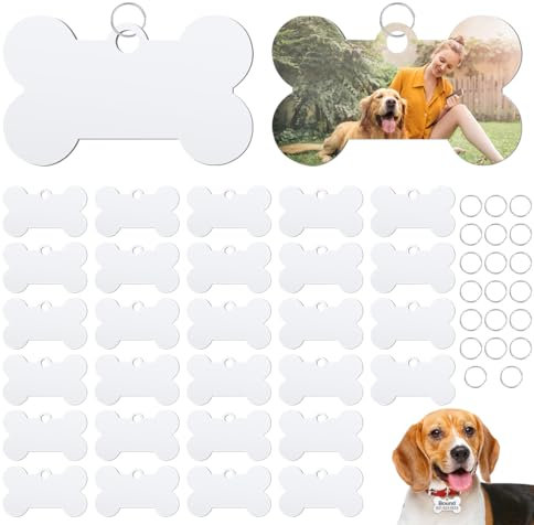 FAURAPMNG 30 Etiquetas de Perro en Blanco de Aluminio por Sublimación, Etiqueta de Estampado de Hueso en Blanco Con 20 Anillos, Transferencia de Doble Cara