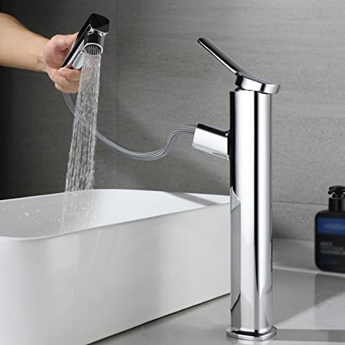 Rubinetto Bagno Miscelatore Lavabo Alto Con Doccetta Estraibile, 3 Modalità, Paraspruzzi Cromati