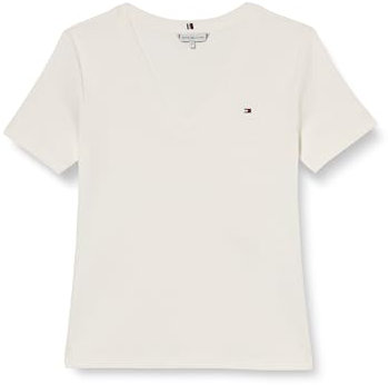 Tommy Hilfiger Camiseta de Manga Corta para Mujer New Slim Cody V-Neck con Cuello de Pico, Blanco (Nos Ecru), S