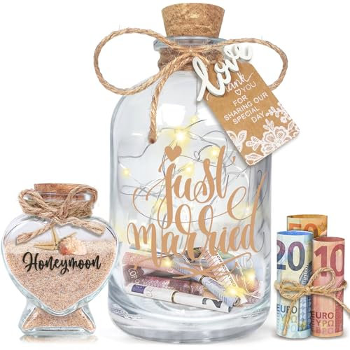 INYESKON Hochzeitsgeschenke für Brautpaar, LED Flaschenlicht Geldgeschenk Hochzeit, Personalisiert Just Married Geldgeschenke Hochzeit Geld Leuchtflasche für Brautpaar Hochzeitskasse Spardose