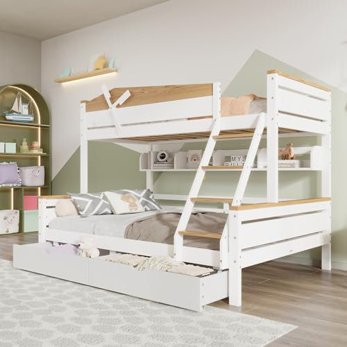 Etagenbett Kinderbett Hochbett mit 2 Liegeflächen 90x200&140x200, Windmühle, 2 Schubladen, Regalen & Leiter, Platzsparendes Stockbett Holzbett Bettrahmen mit Rausfallschutz & Lattenrost, Kiefer, Weiß