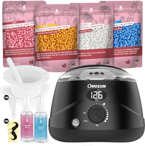 OMOZUN Scaldacera Professionale Ceretta Brasiliana: Scalda Cera Kit con Display Digitale LED - Cera Depilatoria Pura e Naturale per Pelli Sensibili, Viso, Bikini, Ascelle, Unisex - Nero