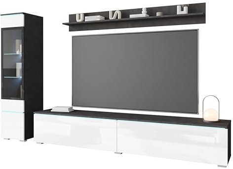 MINIO go for it - Wohnwand 3-Teilig Set Veve 1 I Hängend oder Stehend I Hochschrank-Vitrine I Lowboard I Wandboard I Laminierte Spannplatte I Matera/Weiß Hochglanz - LED Beleuchtung