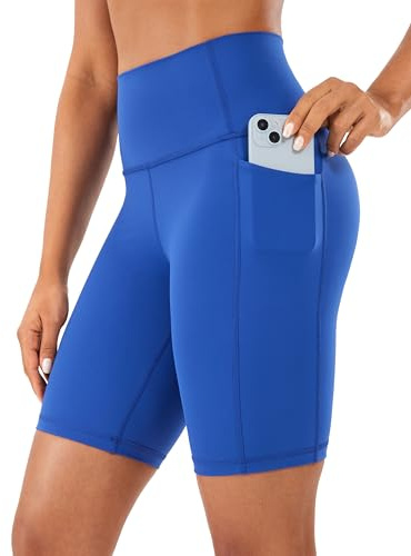 CRZ YOGA Women's Naked Feeling 8'' Yoga Shorts with Pockets - High Waisted Gym Cycling Fitness Shorts Waves Blue 16