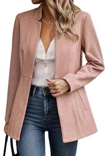 FEOYA Blazer da Donna con Tasche Cardigan Blazer Corto Elegante Slim Fit Giacca da Abito Cappotto da Ufficio Lavoro Business Rosa XL