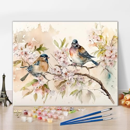 TISHIRON Malen nach Zahlen Kit für Erwachsene Bunte Vögel Malen nach Zahlen für Erwachsene Blühender Baum mit Blumen Erwachsene Malen nach Zahlen Kits auf Leinwand Ölgemälde Kunsthandwerk