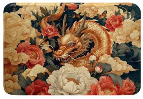 Homewish Vintage Floral Dragon Bathroom Rug Set,Asian Oriental Chinese Dragon Bath Mat for Kids Adults,Fantasy Dragon Bath Rug Japanese Flower Butterfly Door Mat 20x32
