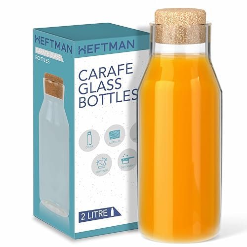 HEFTMAN Carafe en verre – Carafe à eau de 2 litres avec couvercle en liège, pour boissons chaudes et froides, bocaux réutilisables d'adoucissant, bouteille de stockage de détergent à lessive avec