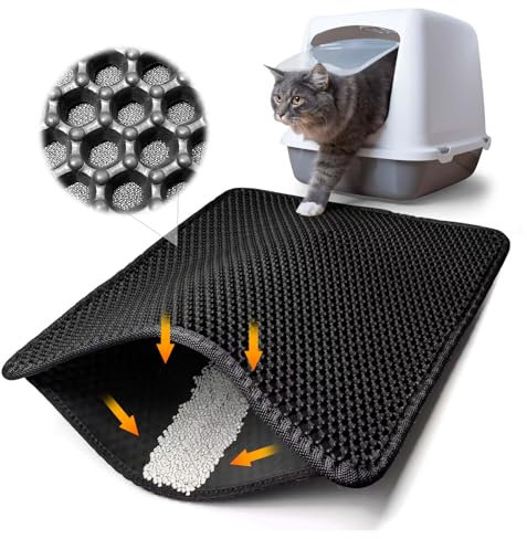 Large Cat Litter Mat 60 x 45cm, Double-Layer Honeycomb Design Cat Litter Mat, Square Large Hole Cat litter Trapper, Waterproof Non-slip Litter Tray Mat with Cleaning Cloth, Litter Trapping Mat for Pet