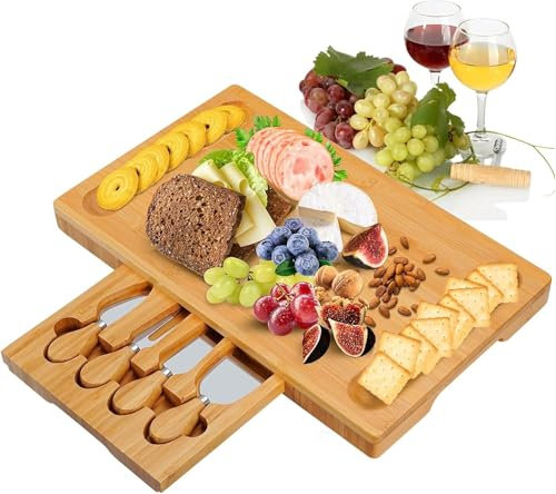 Set di tagliere per formaggi, vassoio per formaggi, tagliere per salumi e piatto da portata con 4 coltelli da formaggio in acciaio inox, ideale per regali di nozze, Natale, feste di compleanno