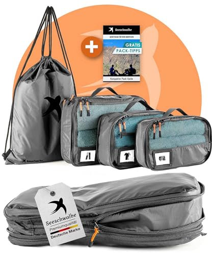 Packing Cubes Set für Koffer und Rucksack - mehr Platz im Koffer oder Backpack durch Kompression - Packtaschen für Koffer als Dein Travel Organizer fürs Backpacking und Reisen (4-teilig, grau)