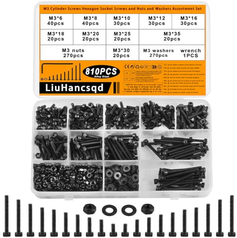 810 Pièces M3 Vis Boulons et écrous, Vis à Tête Cylindrique à Six Pans Creux, Vis Boulon et écrous et Rondelles, Vis à Tête Hexagonale pour Réparation de Vélo, Moto, Noir