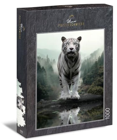 Ulmer Puzzleschmiede - „Geist der Wildnis“ - Puzzle 1000 Teile - Der mächtige weiße Tiger thront über seinem Reich - kraftvolles 1000 Teile Tiger-Motiv – Qualität Made in Germany