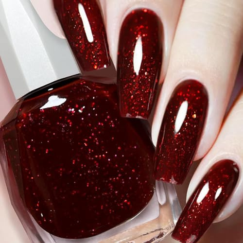 Deep Red Sparkly Nail Polish, Glossy Glitter Nail Varnish, 1 Bottle | Fine Visible Sparkle, Silver-Coloured Cap, For Home Manicures, Pedicures, Parties, Evening Events And Special Occasions