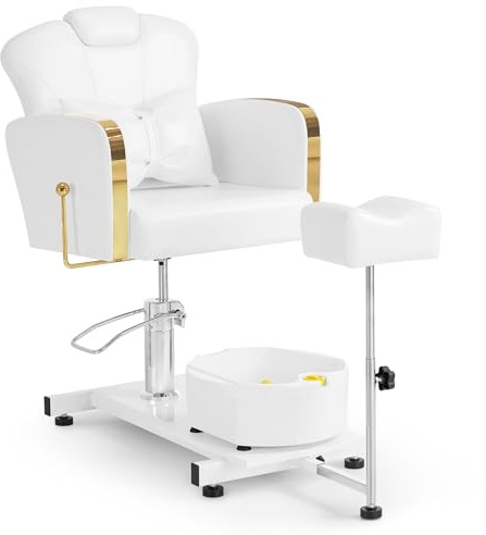 BarberPub Fauteuil de pédicure avec Baignoire et Tabouret, Fauteuil de Coiffeur réglable et inclinable, pour Salon de manucure rétro F0371 (Or-Blanc)