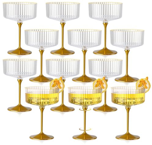HKSZEH 12 PCS Ribbed Coupe Glasses with Gold Stem Clear Plastic Champagne Coupe Cup 10oz Detachable Gold Rim Espresso Martini Glass Vintage Margarita Glassware Cocktail Glass for Christmas