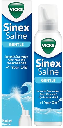 Vicks Sinex Gentle Saline Nasal Spray, 120ml - 3-in-1 Action: Cleans, Removes Mucus & Helps to Moisturize and Hydrate, with Isotonic Sea Water, Aloe Vera and Hyaluronic Acid – Suitable from 1 Year+