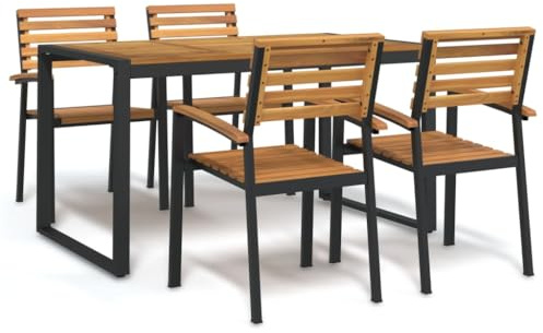 Runheo Salon de jardin 5 pièces en bois d'acacia massif, pieds en métal, table à manger 140 x 80 cm, 4 chaises, meubles de terrasse pour extérieur, balcon, jardin