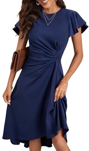KUNJLELP Cocktail Dresses for Women Elegant Ruffle Sleeve Pleated Waist A Line Dress for Party Evening Wedding with Asymmetrical Hem,Blue 52,M