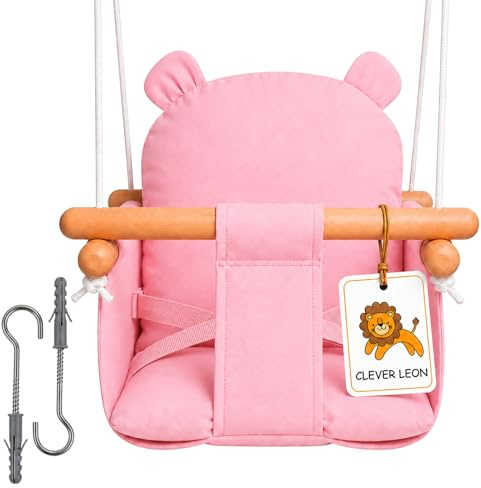 Clever Leon Altalena per Neonati e Bambini - Altalena da Interno in 100% Cotone e Legno di Faggio - Cintura di Sicurezza - Regolabile in Altezza - fino a 30 kg - Motivo Orso - Rosa