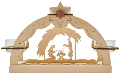 Erzwelt - Teelichtbogen – Holz Teelichthalter – Motiv Krippe | 14 x 20 x 7 – mit 3 Teelichtgläsern – Fenster- & Tischdeko für Weihnachten – Original Erzgebirge Weihnachtsdeko