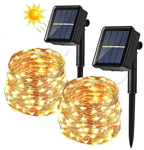BrizLabs Cadena Luces Solares 2 Paquete 14m 120 LED Guirnalda Luces Solares Exterior Impermeable Iluminación Alambre de Cobre para DIY Navidad Jardín Ventana Valla Boda Decoración, Blanco Cálido