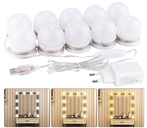 K KUMEED Lumière de Miroir, 10 Ampoules Hollywood Kit de Lumière LED Dimmable Lampe pour Miroir Cosmétique Salle de Bain 3 Couleurs 10 Niveaux de Luminosité avec Adaptateur (Miroir Non Inclus)