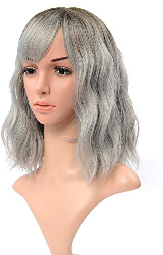 VCKOVCKO Ombre Color Natural Wavy Wig With Air Bangs Black to Gray Colorful Short Bob Wig for Women (12, Black-Gray)