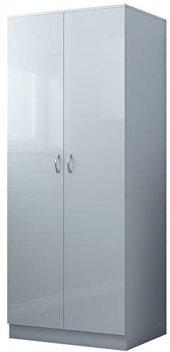 Chilton Grey High Gloss Wardrobe with Grey Frame, 2 Doors 2 Full Width Drawers, Full Width Top Shelf Storage, Slow Close with Metal Handles, Modern Bedroom Furniture