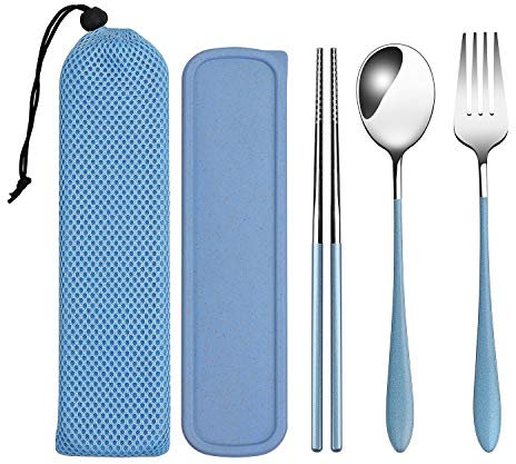 loopki Portable Reusable Travel Cutlery Set,Stainless Steel Cutlery Set Portable Camp Reusable Flatware Silverware,Include Fork Spoon Chopsticks with Case (Blue)