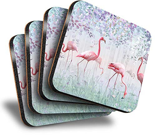 Destination Vinyl ltd Tolle Untersetzer (4er-Set) quadratisch – rosa Flamingo Birds in Nature Drink glänzende Untersetzer / Tischschutz für jeden Tischtyp #24012