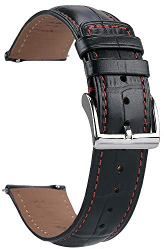 EACHE Correa Reloj 22mm Cuero Hombre Negra, Correas Reloj Piel Cocodrilo Relieve, Correas de Reloj Cuero Genuino de Liberación Rápida (Hebilla Plata&Línea Roja)