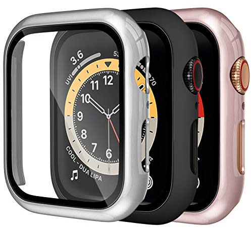 Dirrelo 3 Pack PC Case Compatible with Apple Watch Series 6/5/4/SE 40mm Tempered Glass Screen Protector, Full Cover Thin All-Around HD Protective Bumper Case for iwatch 6/5/4, Silver/Rose gold/Black