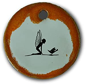 Schöner Keramik-Anhänger „Elfe, Fee, Vogel“ in orange marmoriert; Schmuck Kette Kettenanhänger Geschenk Kunsthandwerk Keramik rund Talisman Halskette Aufmerksamkeit Mitbringsel individuell
