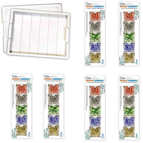 Elizabeth Ward Bead Storage 2 Piece Plastic Organizer Tray with 5 Piece Bead Storage Containers (6 Pack)