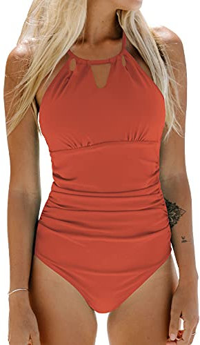 CUPSHE Damen Badeanzug High Neck Bademode Raffung Bauchweg Cut Out Einteilige Strandmode Swimsuit Orange M