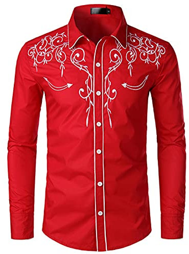 NW Chemise de cowboy élégante brodée à manches longues pour homme Coupe ajustée Style western, Rouge, M