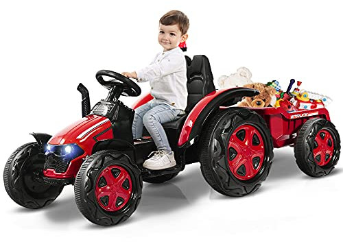 COSTWAY Trattore Elettrico per Bambini con Rimorchio, 2 in 1 Go Kart e Trattore per Bambini 3-8 Anni, con Telecomando e Cintura di Sicurezza a 2 Punti (Rosso)