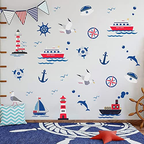 ANHUIB 56 Stück Bunt Badezimmer Wandtattoo,Wandsticker Kinderzimmer,Wandtattoo Meers,Cartoon Leuchtturm Wandsticker,Unterwasserwelt Tiere Wandaufkleber für Jungen Schlafzimmer Babyzimmer Fliesen Deko