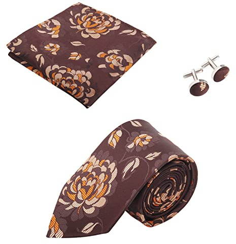 WANYING Herren 8cm Krawatte & Manschettenknöpfe & Einstecktuch Klassische 3 in 1 Sets Gewebte Krawatte Business Casual Formell Hochzeit Cocktail Party - Geblümt Braun Orange E12