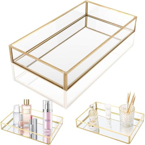Bbaoo Cajas para Joyas De Vidrio, 25 x 18 x 4.5cm Bandeja De Perfume, Bandeja Decorativa Espejo, Bandeja De Espejo Dorado, para Colocar Perfumes, Bisutería, Cosmética (Ldxomgr)