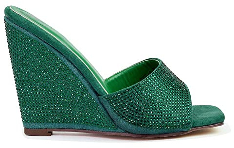 Womens Wedge Heel Sandals Ladies Sparkly Diamante Slip On Square Toe Muled Shoes Size 3-8