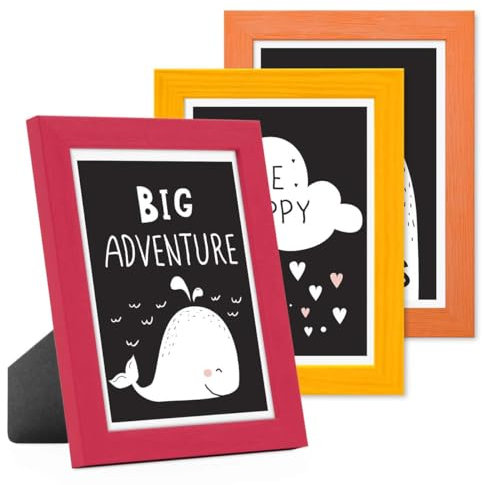 PHOTOLINI Bilderrahmen Kinderzimmer 15x20 cm Rot Gelb Orange, 3er Set Wechselrahmen farbig, Holz, Acrylglas, Made in Germany, zum Aufstellen & Aufhängen, mit Zubehör - für bunte Kinderbilder