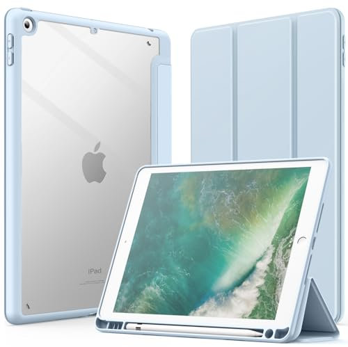 JETech Funda para iPad 9,7 Pulgadas (6.a/5.a Generación, 2018/2017) con Portalápiz, Clara Transparente Carcasa Trasera Slim Soporte Antigolpes Cover Tableta (Azul Claro)